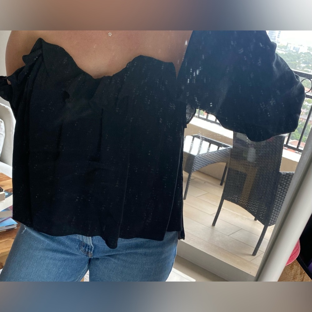 Black Ruffled Off-Shoulder Blouse - Picture 2 of 8